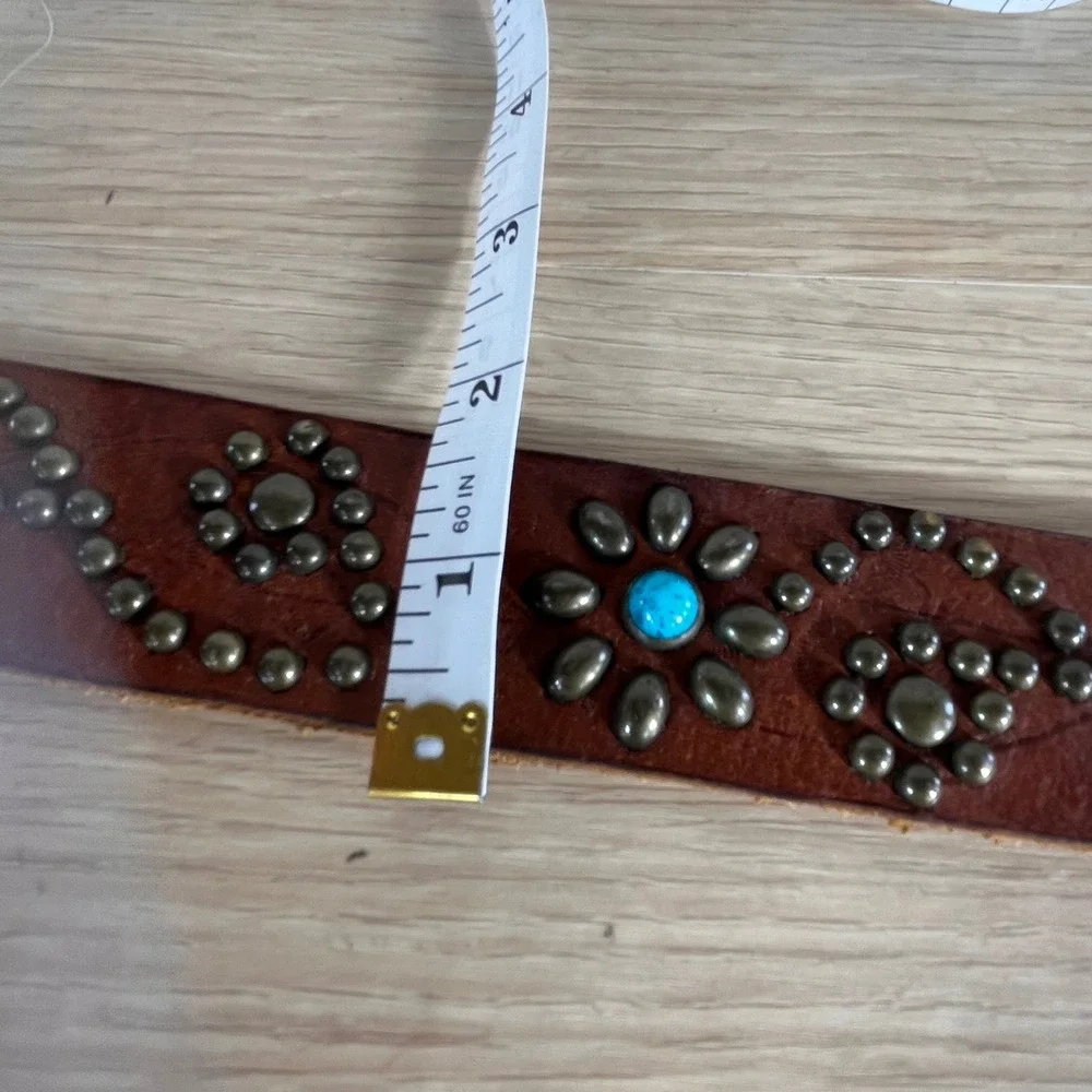 Vintage Brown Leather Studded Floral Turquoise Belt O-Ring Western Boho Cowgirl